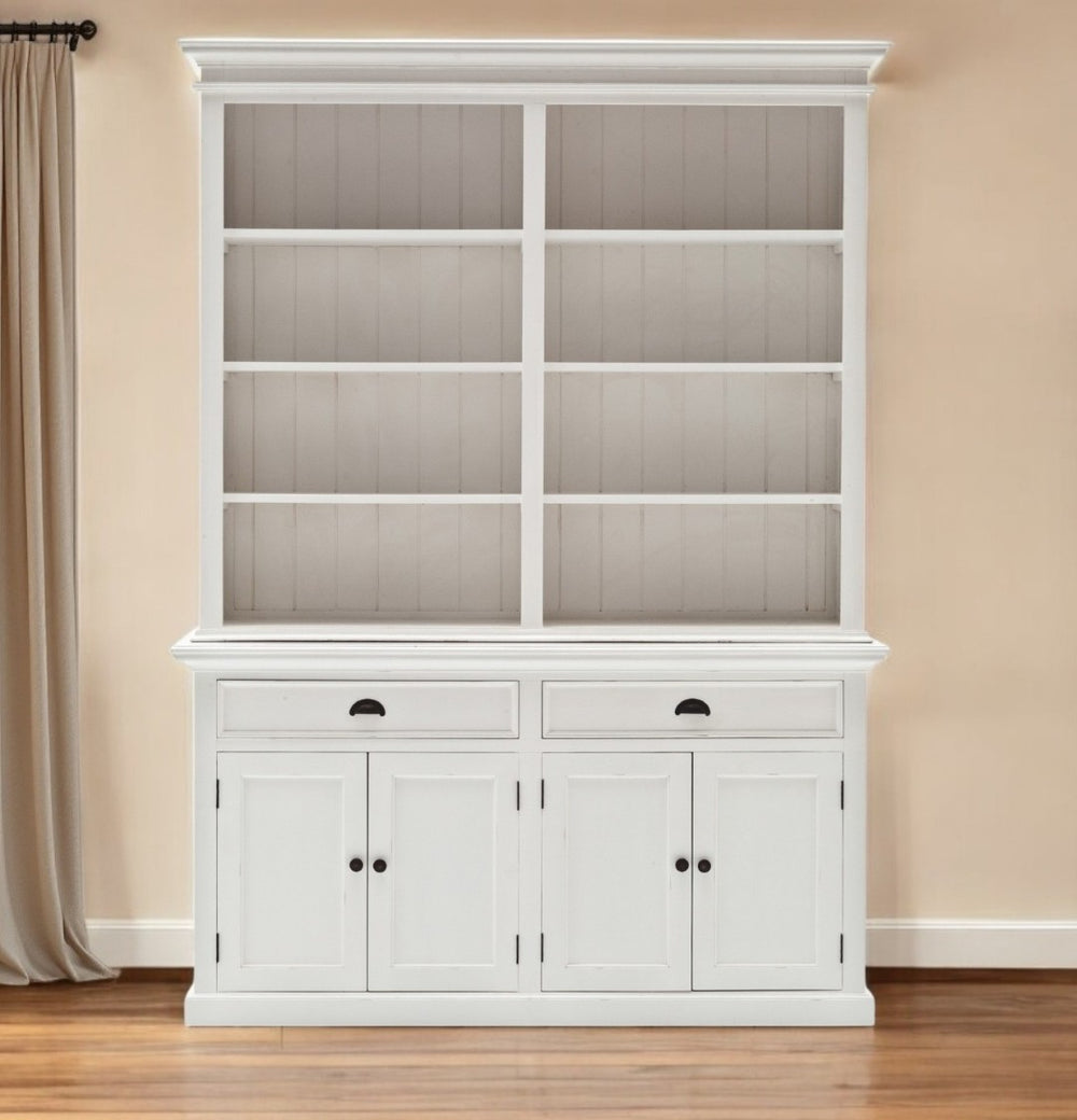 HomeRoots 87" White Solid Wood Side Board with Vintage Hutch - Farmhouse Style Storage & Display Solution 397119