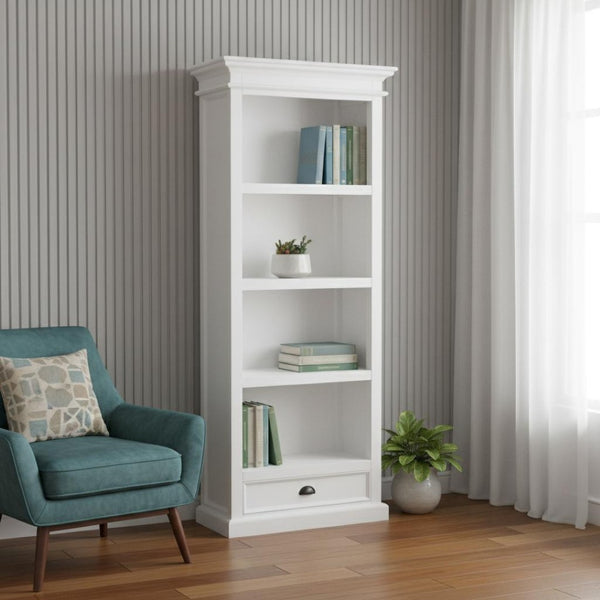 HomeRoots White Solid Wood Four-Tier Bookcase – Elegant Storage Solution for Home, Office, and Modern Décor 397125