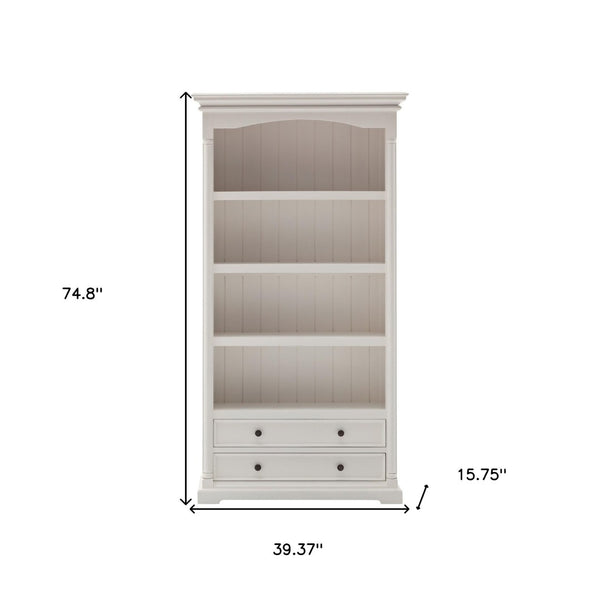 HomeRoots 75" White Solid Wood Four-Tier Bookcase - Elegant Storage Solution for Home, Office, & Nooks 397130