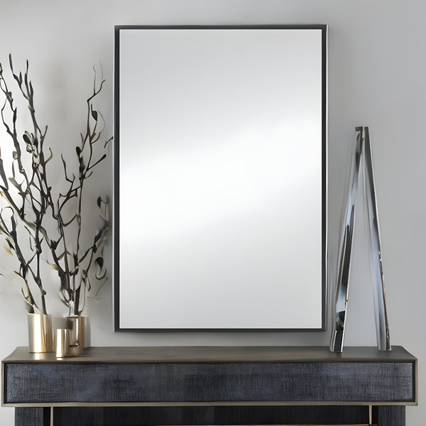 Homeroots 38" Black Metal Framed Accent Mirror Black Glass 397142