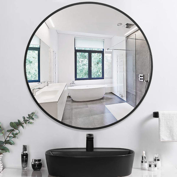 Homeroots Minimal Black Round Wall Mirror  Glass 397149