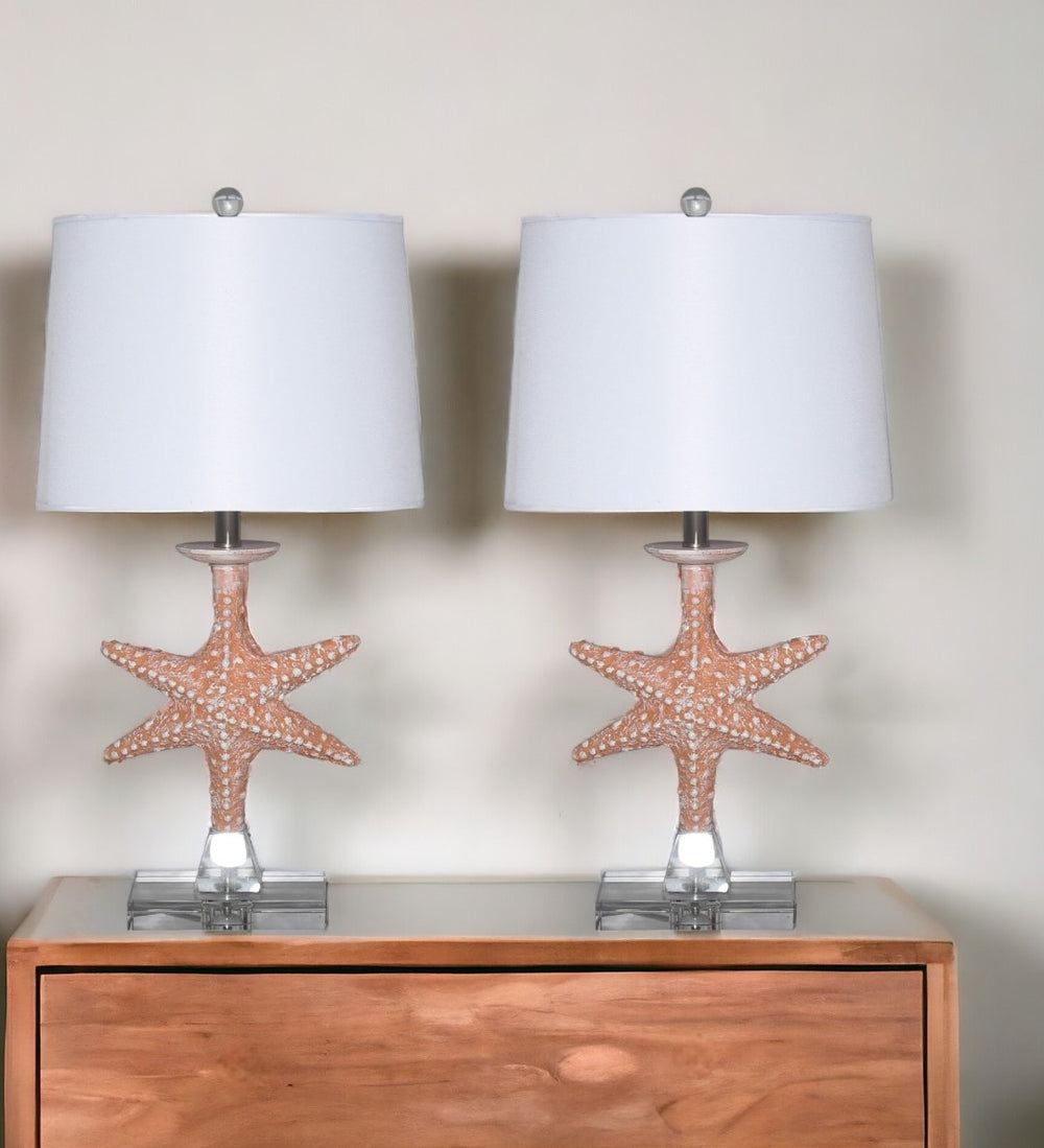 HomeRoots Set of Two 28" Coastal Clear Table Lamps with White Drum Shade for Elegant Home Lighting Decor 397215