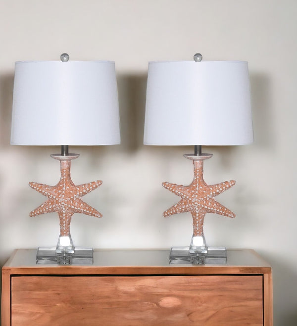HomeRoots Set of Two 28" Coastal Clear Table Lamps with White Drum Shade for Elegant Home Lighting Decor 397215