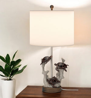 HomeRoots Set of Two Coastal 27" Table Lamps with Turtle & Coral Motif and White Drum Shade for Home Décor 397238
