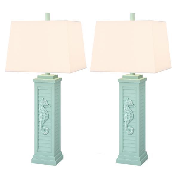 Homeroots Set Of Two 32" Teal Blue Table Lamp With Off White Shade   397246