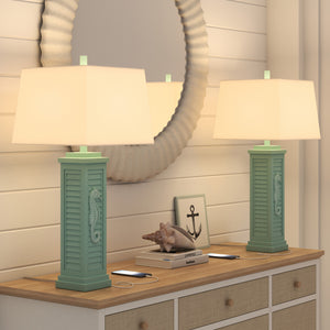 Homeroots Set Of Two 32" Teal Blue Table Lamp With Off White Shade   397246