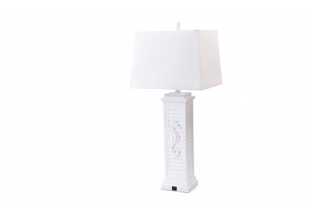 HomeRoots Set of Two 32" White Table Lamps with USB Port, Soft Light, and Coastal Seahorse Design for Home Decor 397247