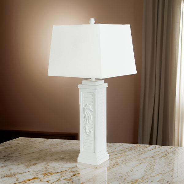 HomeRoots Set of Two 32" White Table Lamps with USB Port, Soft Light, and Coastal Seahorse Design for Home Decor 397247