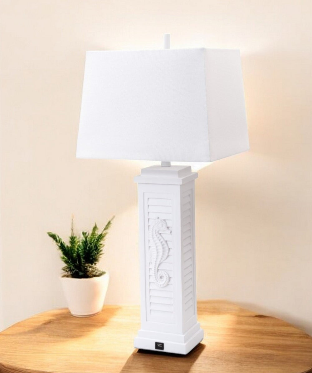 HomeRoots Set of Two 32" White Table Lamps with USB Port, Soft Light, and Coastal Seahorse Design for Home Decor 397247