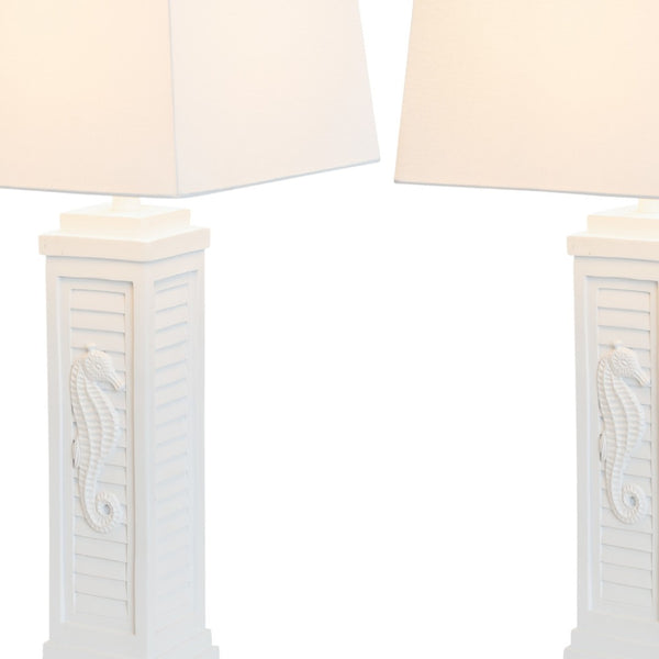 HomeRoots Set of Two 32" White Table Lamps with USB Port, Soft Light, and Coastal Seahorse Design for Home Decor 397247