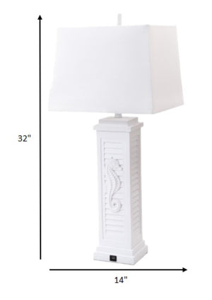 HomeRoots Set of Two 32" White Table Lamps with USB Port, Soft Light, and Coastal Seahorse Design for Home Decor 397247