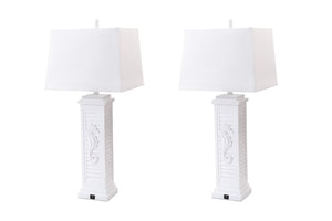 HomeRoots Set of Two 32" White Table Lamps with USB Port, Soft Light, and Coastal Seahorse Design for Home Decor 397247