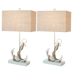 Homeroots Set Of Two 28" Blue Coastal Anchor Table Lamps With Beige Shade   397252
