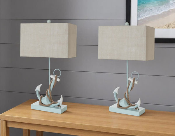HomeRoots Set of Two 28" Nautical Blue Anchor Table Lamps with Beige Shade for Coastal Home Decor Charm 397252