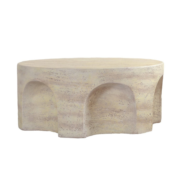 English Elm Mars Sculptural Round Accent Table Arched Cutout Base Minimalist Beige Living Room W3081P440608