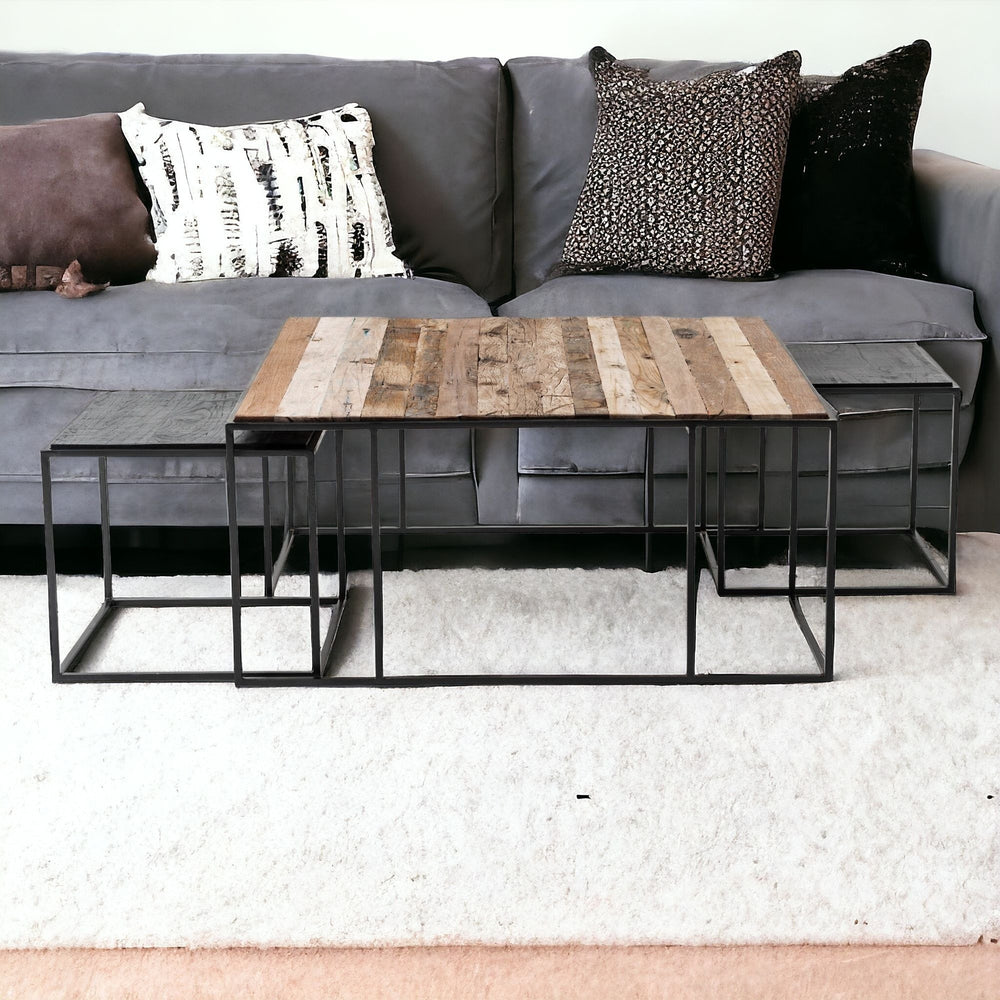 Homeroots Set Of Three 39" Brown And Black Solid Wood And Iron Square Nested Coffee Tables   397387