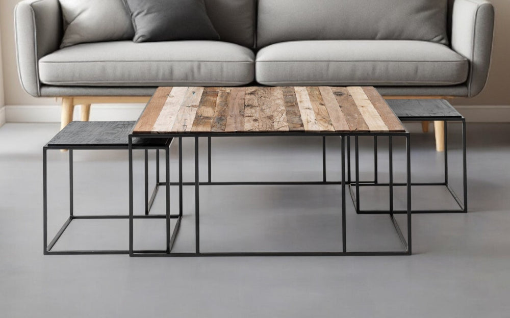 HomeRoots Set of Three 39" Brown & Black Nested Coffee Tables with Solid Wood Tops and Iron Bases for Versatile Style 397387