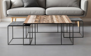 HomeRoots Set of Three 39" Brown & Black Nested Coffee Tables with Solid Wood Tops and Iron Bases for Versatile Style 397387