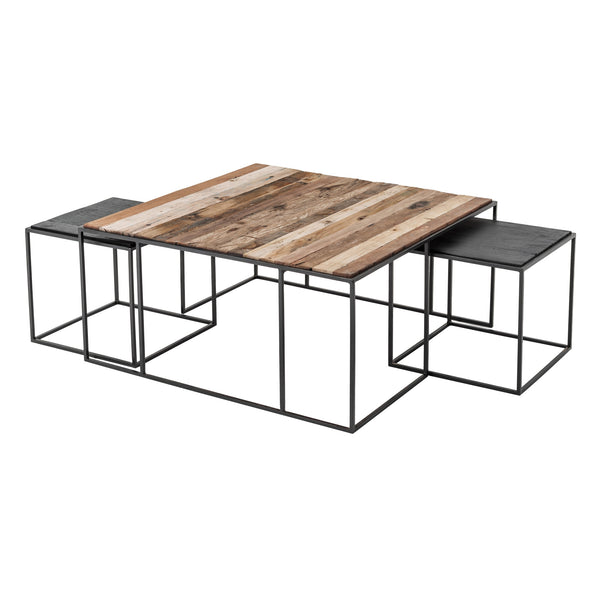 Homeroots Set Of Three 39" Brown And Black Solid Wood And Iron Square Nested Coffee Tables   397387