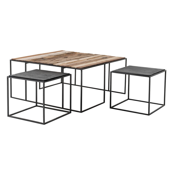 Homeroots Set Of Three 39" Brown And Black Solid Wood And Iron Square Nested Coffee Tables   397387