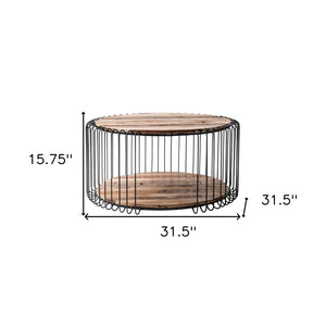 HomeRoots 32" Round Coffee Table with Unique Solid Wood Top & Steel Base – Stylish Storage for Any Space 397388