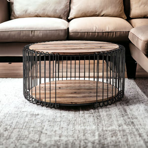 Homeroots 32" Natural And Black Solid Wood And Steel Round Coffee Table With Shelf   397388