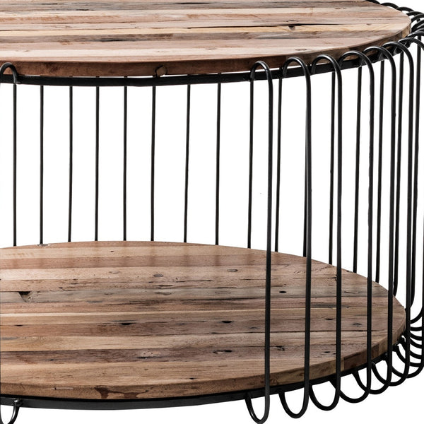 Homeroots 32" Natural And Black Solid Wood And Steel Round Coffee Table With Shelf   397388