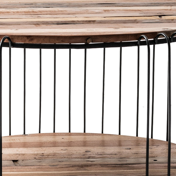 Homeroots 32" Natural And Black Solid Wood And Steel Round Coffee Table With Shelf   397388