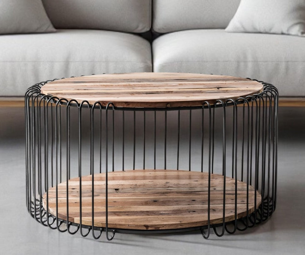 HomeRoots 32" Round Coffee Table with Unique Solid Wood Top & Steel Base – Stylish Storage for Any Space 397388