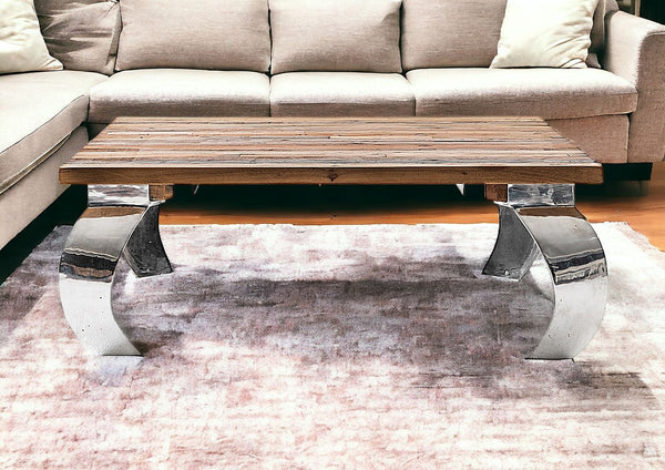 Homeroots 39" Natural And Silver Metallic Reclaimed Wood And Aluminum Square Coffee Table   397390