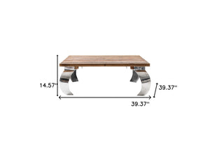 Homeroots 39" Natural And Silver Metallic Reclaimed Wood And Aluminum Square Coffee Table   397390