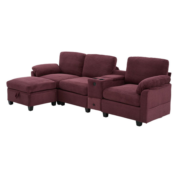 English Elm United L-Shaped Multifunctional Corduroy Sofa: 4-Seater With Usb Ports, Cup Holders & Storage Solutions W1568S00220-GIGA
