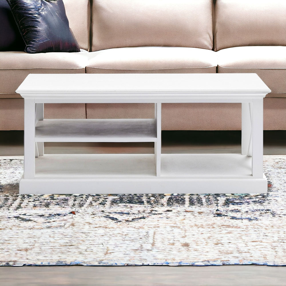 Homeroots 47" White Solid Wood And Solid And Manufactured Wood Coffee Table With Three Shelves   397396