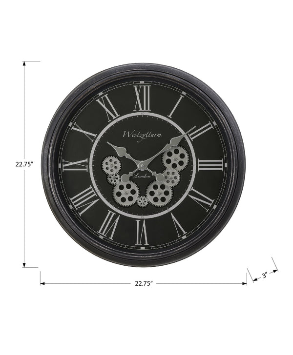 English Elm Clocks, 23" Round Gear Mechanism Wall Clock In Black - Elegant Quartz Movement & Roman Numerals B2710P287145