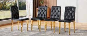 English Elm 4-pack PU dining chairs with ergonomic buckle backrest, gold metal legs, high-density sponge comfort Black+Gold W1151P295705
