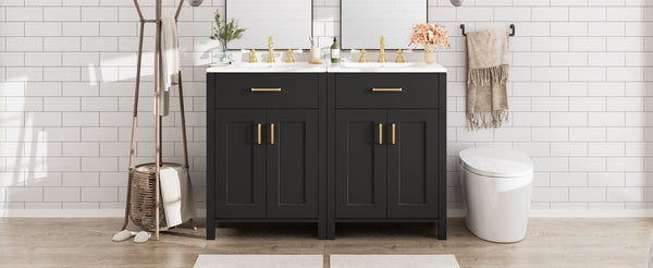 English Elm Modern 48 Inch Freestanding Bathroom Vanity Dual Ceramic Sinks Soft Close Gold Handles Black N729P000008B
