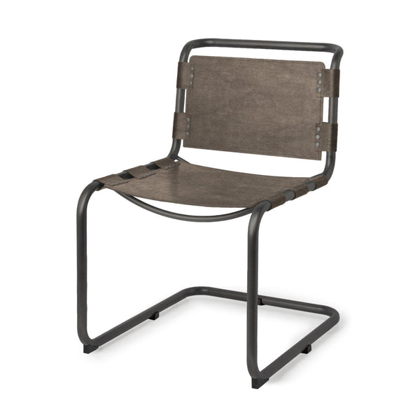 HomeRoots Brown Leather and Black Metal Open-Back Dining Chair – Modern Comfort with Nailhead Trim Style 397464