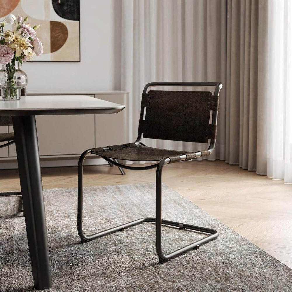 HomeRoots Brown Leather and Black Metal Open-Back Dining Chair – Modern Comfort with Nailhead Trim Style 397464