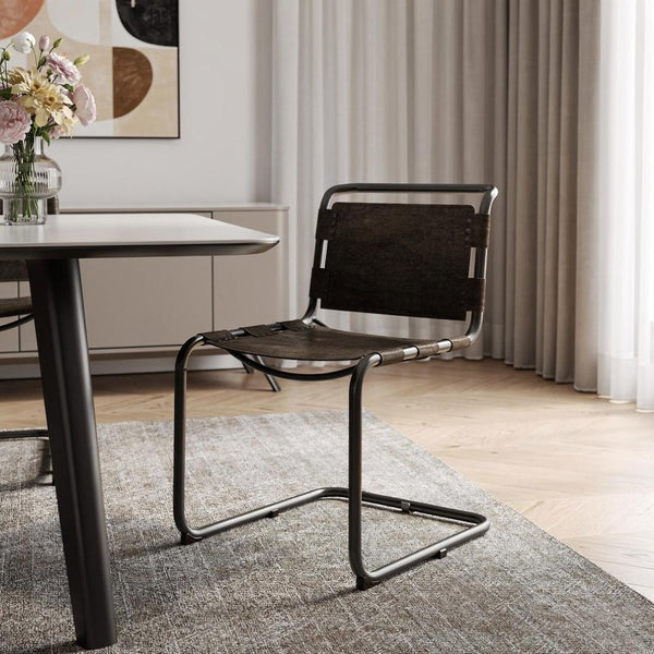 HomeRoots Brown Leather and Black Metal Open-Back Dining Chair – Modern Comfort with Nailhead Trim Style 397464