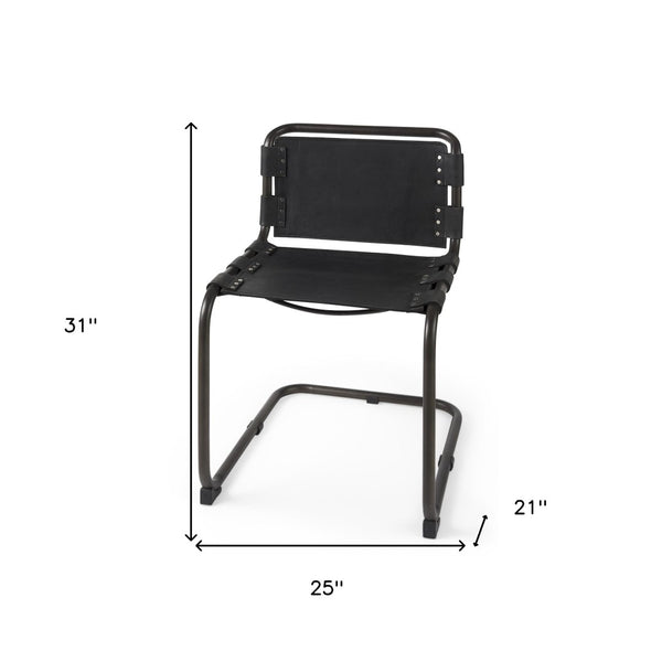 HomeRoots Black Leather Dining Side Chair with Metal Frame - Modern Open-Back Design & Nailhead Trim for Style 397467