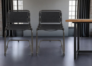 HomeRoots Black Leather Dining Side Chair with Metal Frame - Modern Open-Back Design & Nailhead Trim for Style 397467