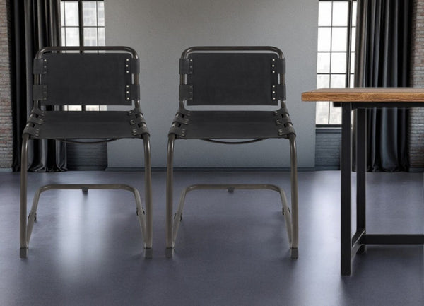 HomeRoots Black Leather Dining Side Chair with Metal Frame - Modern Open-Back Design & Nailhead Trim for Style 397467