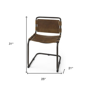 HomeRoots Brown Leather Open-Back Dining Chair with Metal Frame - Stylish, Comfortable, Versatile Seating Option 397468
