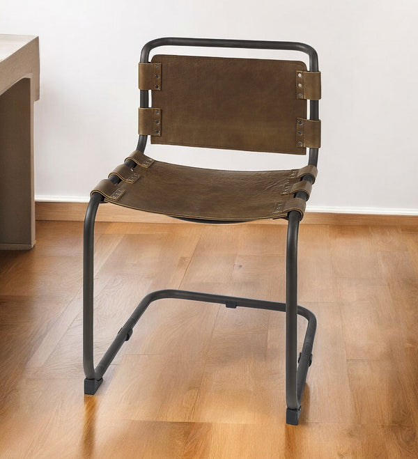 Homeroots Brown And Black Leather Metal Open Back Dining Side Chair  Metal 397468