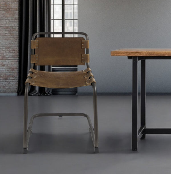 HomeRoots Brown Leather Open-Back Dining Chair with Metal Frame - Stylish, Comfortable, Versatile Seating Option 397468