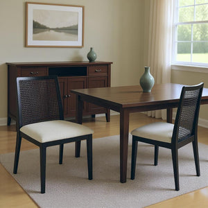 HomeRoots Set of Two Stylish Black Upholstered Fabric Cross-Back Dining Chairs for Modern Homes & Gatherings 397470