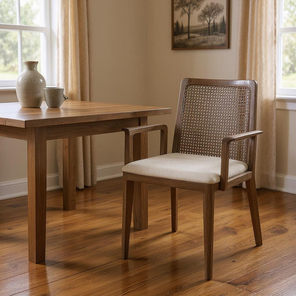 HomeRoots Cream Upholstered Dining Arm Chair with Rustic Brown Legs - Elegant Comfort for Any Space! 397473