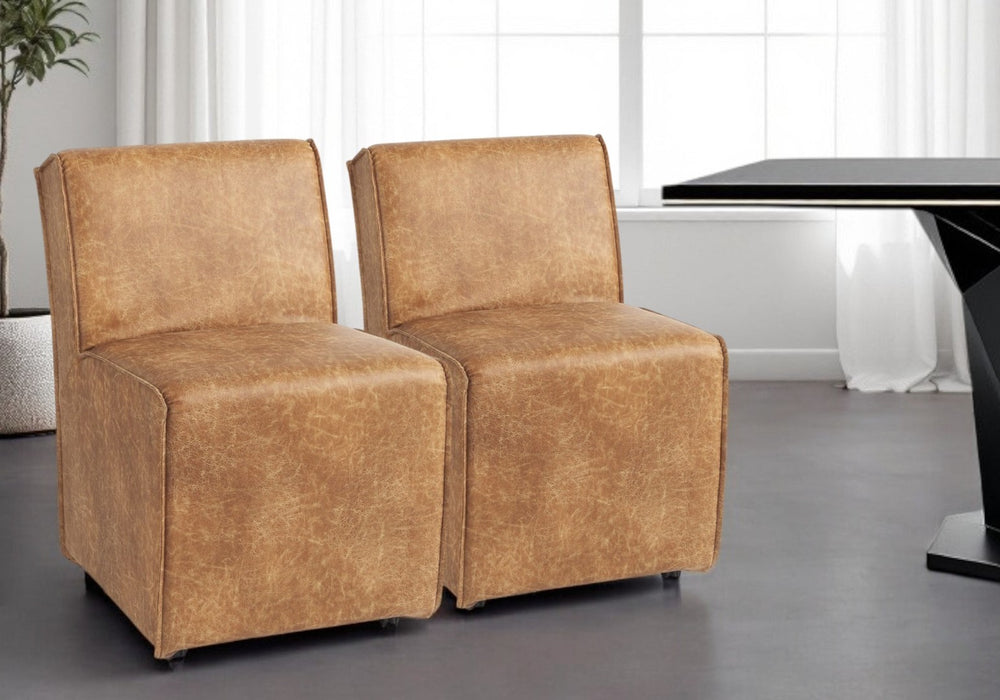 HomeRoots Set of Two Stylish Brown Upholstered Faux Leather Dining Chairs on Wheels for Versatile Use 397479