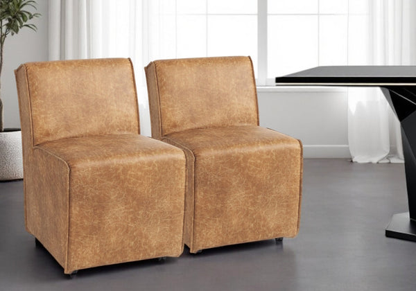 HomeRoots Set of Two Stylish Brown Upholstered Faux Leather Dining Chairs on Wheels for Versatile Use 397479