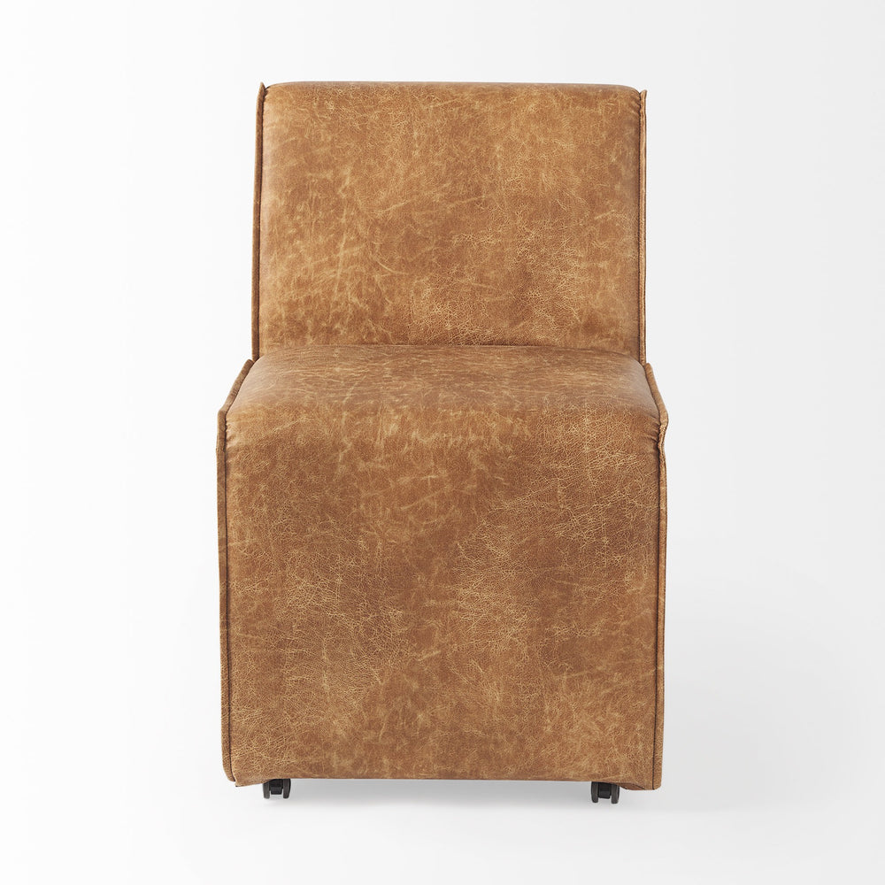 Homeroots Set Of Two Brown Upholstered Faux Leather Side Chairs With Wheels  Plastic 397479